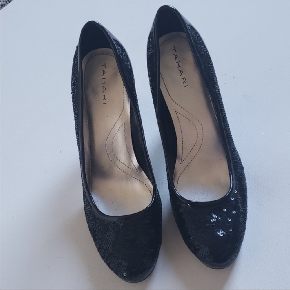 Tahari Black Sequin Cheryl Platform Heels - Picture 10 of 12
